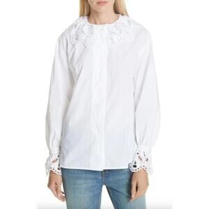 SANDRO PARIS Women's Cut White Lineaire Scalloped Lace Cotton Blouse Size L